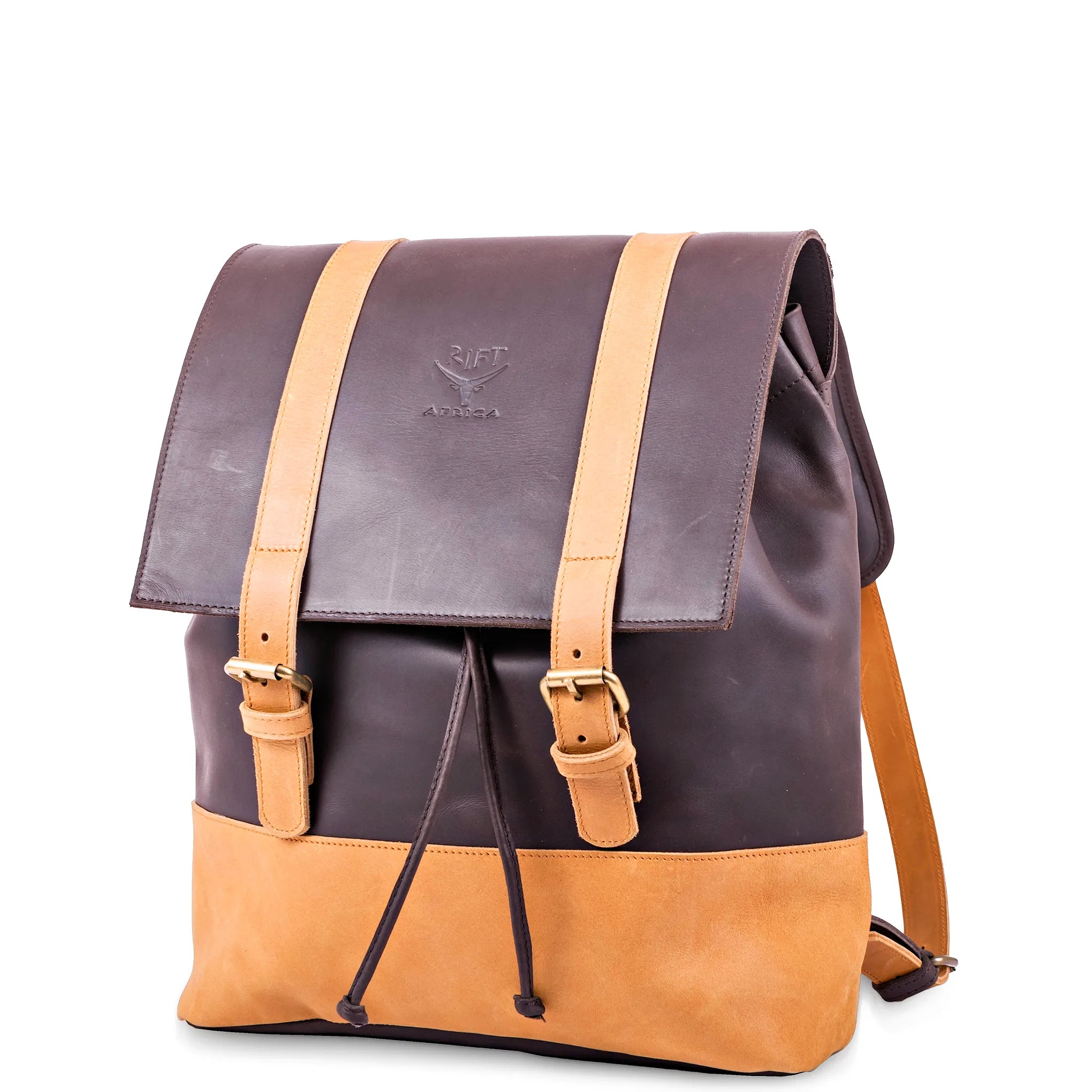 Brown and tan backpack with a visible brand logo on a white background