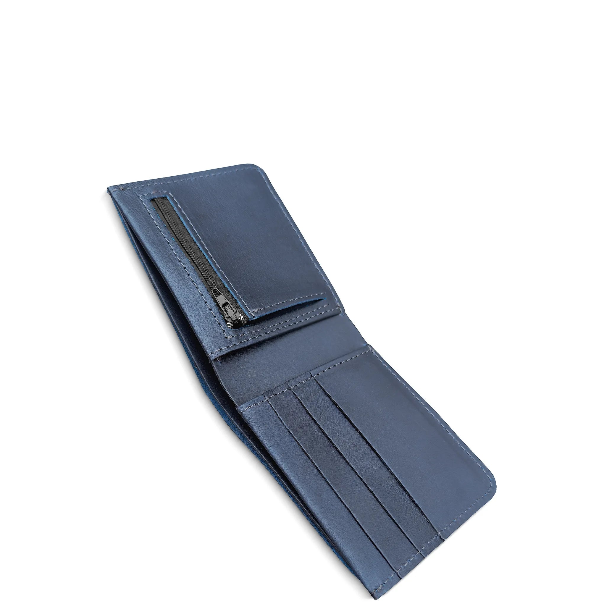 Blue leather wallet with a zipper pocket on a white background