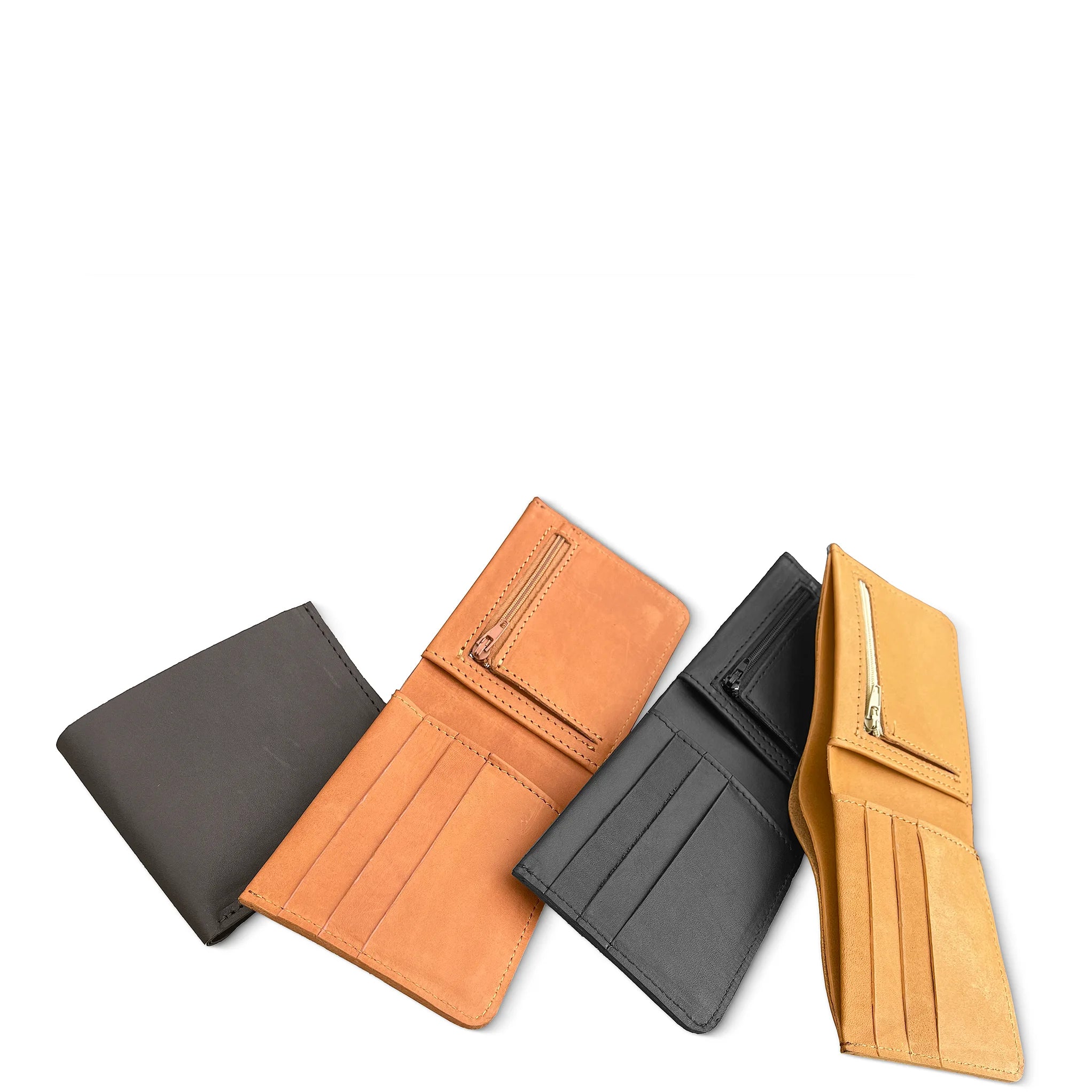 Four leather wallets in black and brown on a white background