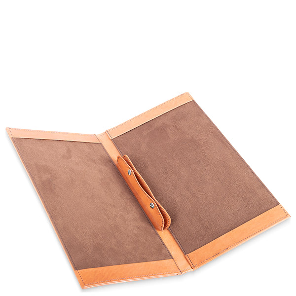 Brown leather-menu holder with orange edges on a white background
