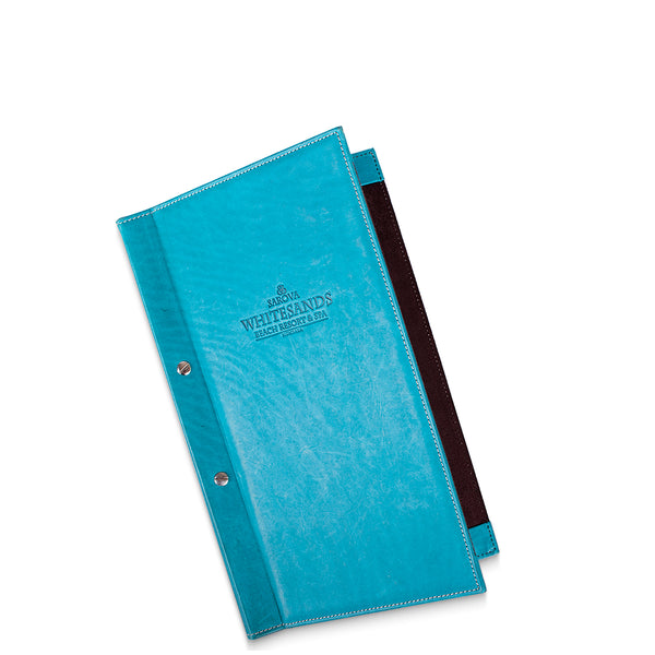 Blue leather menu cover  with a visible brand logo on a white background