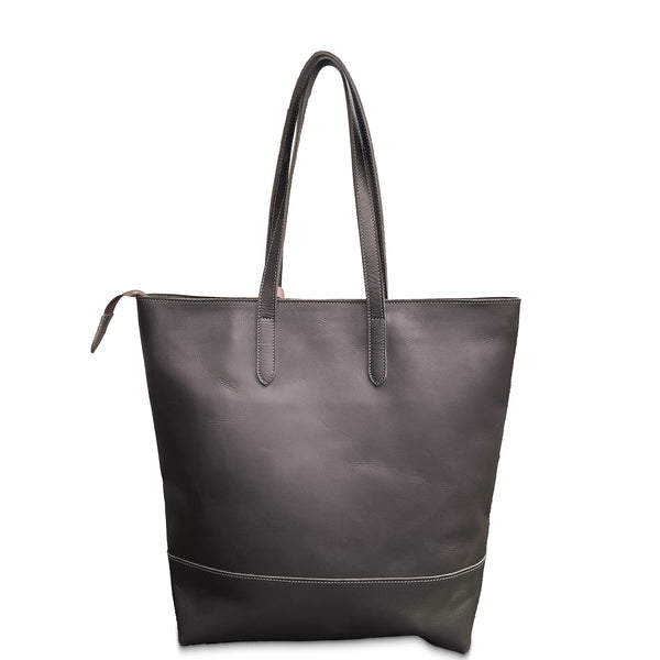 Dark brown tote bag with a white background