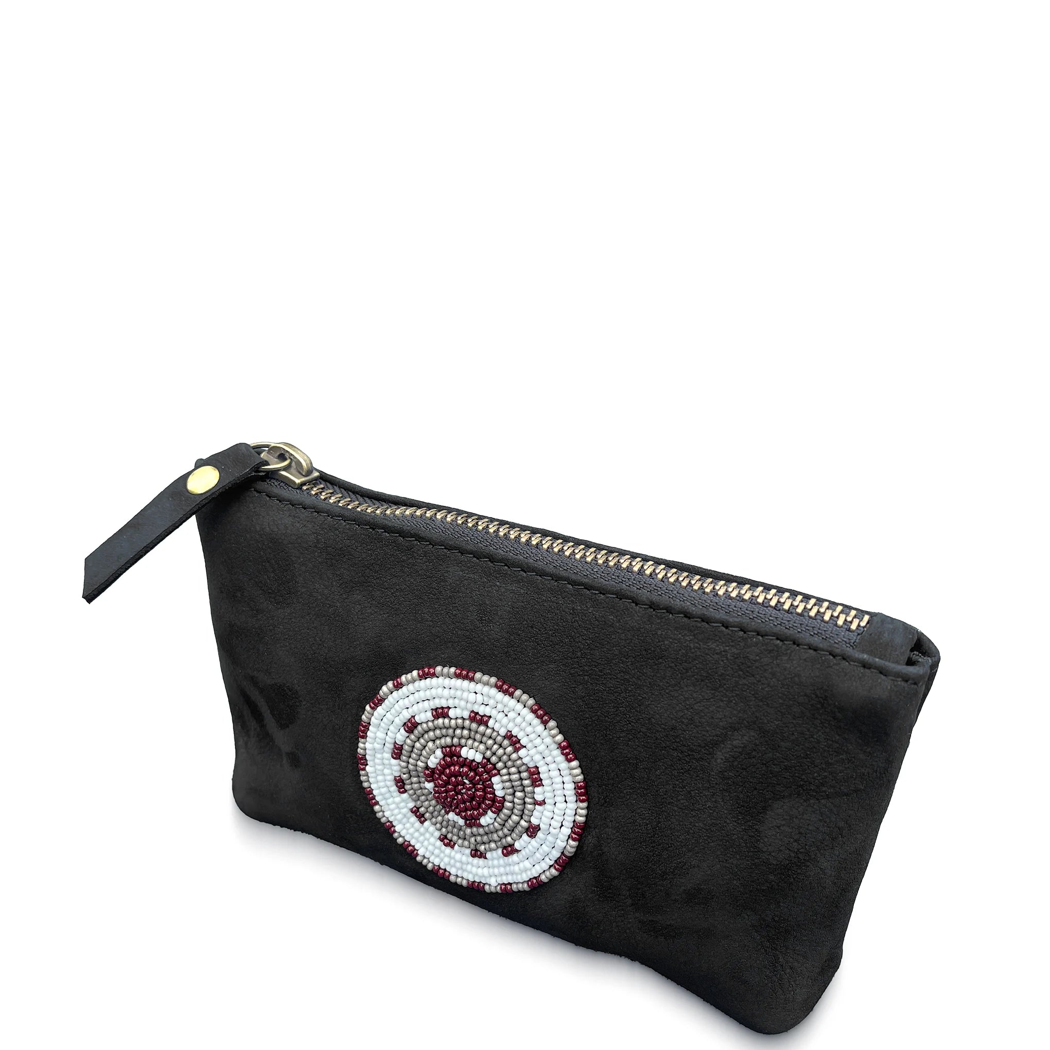 Black pouch with a beaded circular design on a white background