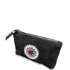 Black pouch with a beaded circular design on a white background
