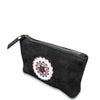 Black leather pouch with a beaded circular design on a white background