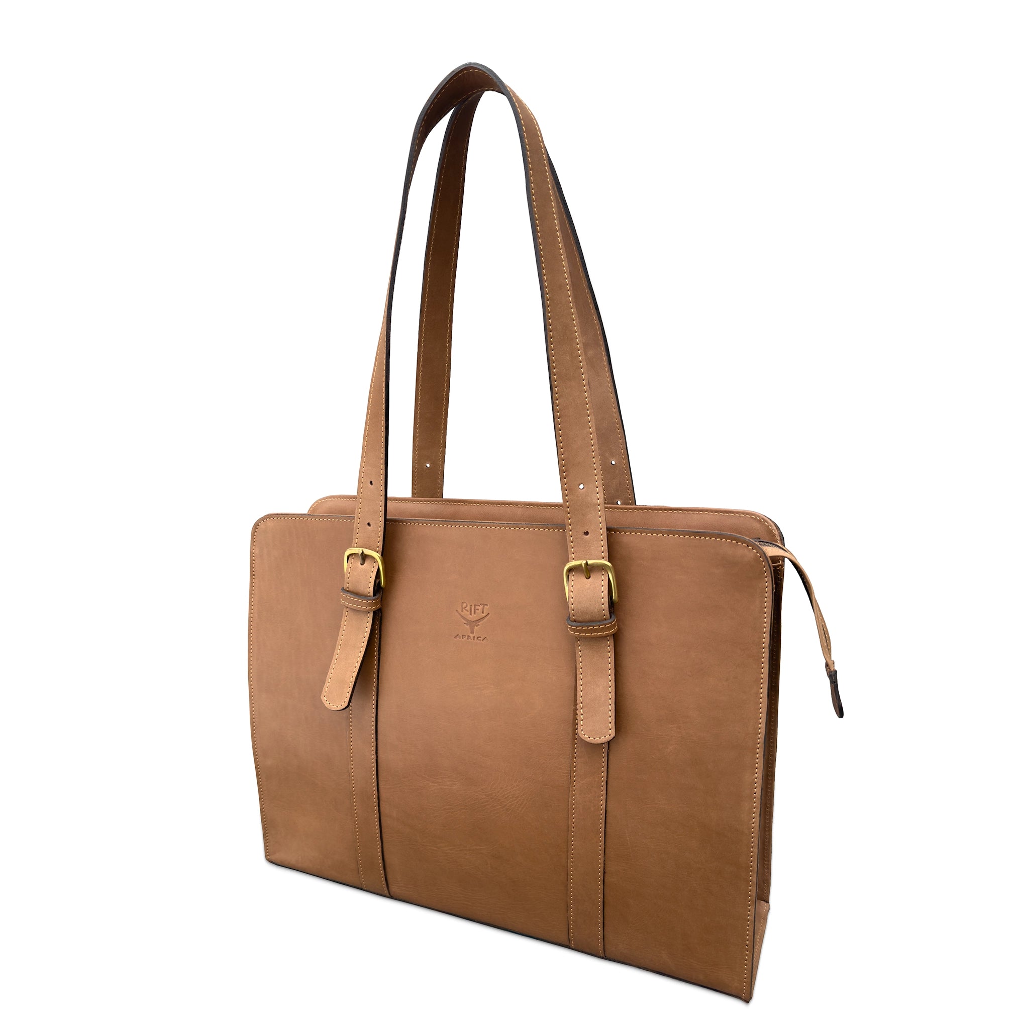A mid brown leather briefcase with dual shoulder straps, gold-tone buckle details, and a zippered top closure, shown on a plain white background.
