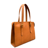 A tan leather tote bag with dual shoulder straps, gold-tone buckle details, and a small embossed logo on the front, shown on a plain white background.