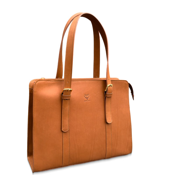 Brown leather briefcase with gold accents on a white background