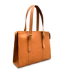 Brown leather tote bag on a white background