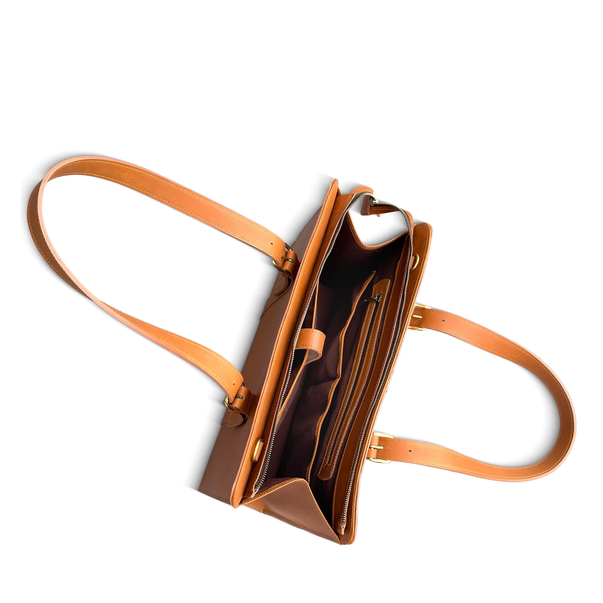 Brown leather briefcase with a strap on a white background