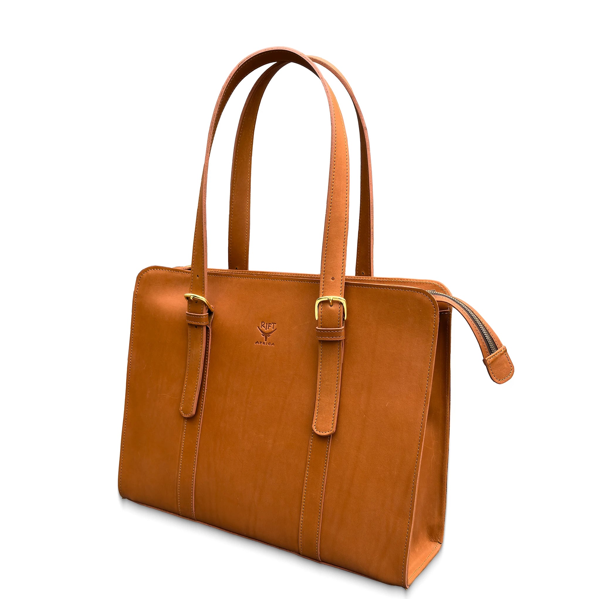 Brown leather briefcase with gold accents on a white background