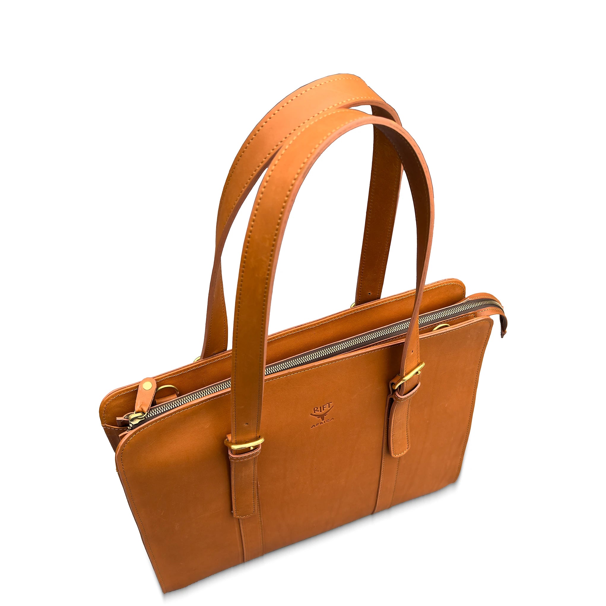 Brown leather briefcase with gold accents on a white background