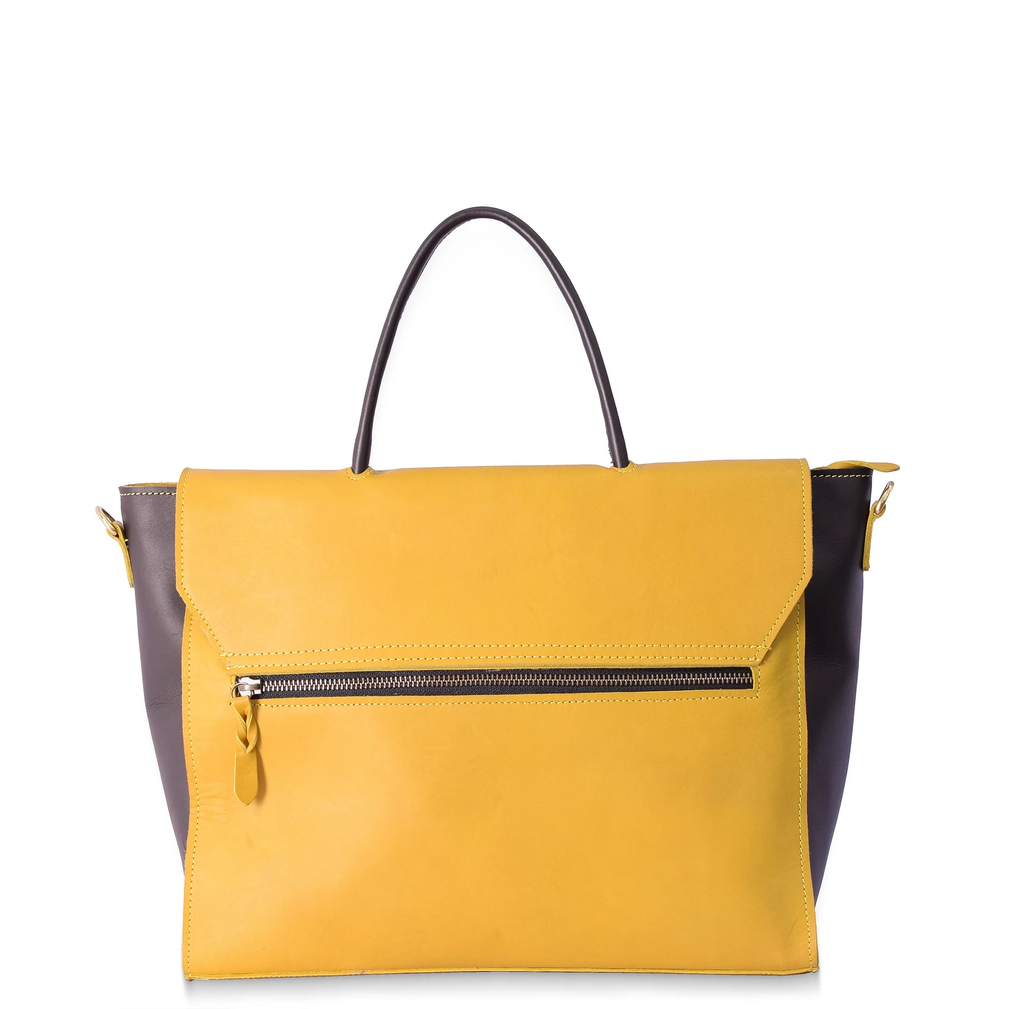 Yellow handbag with black accents on a white background