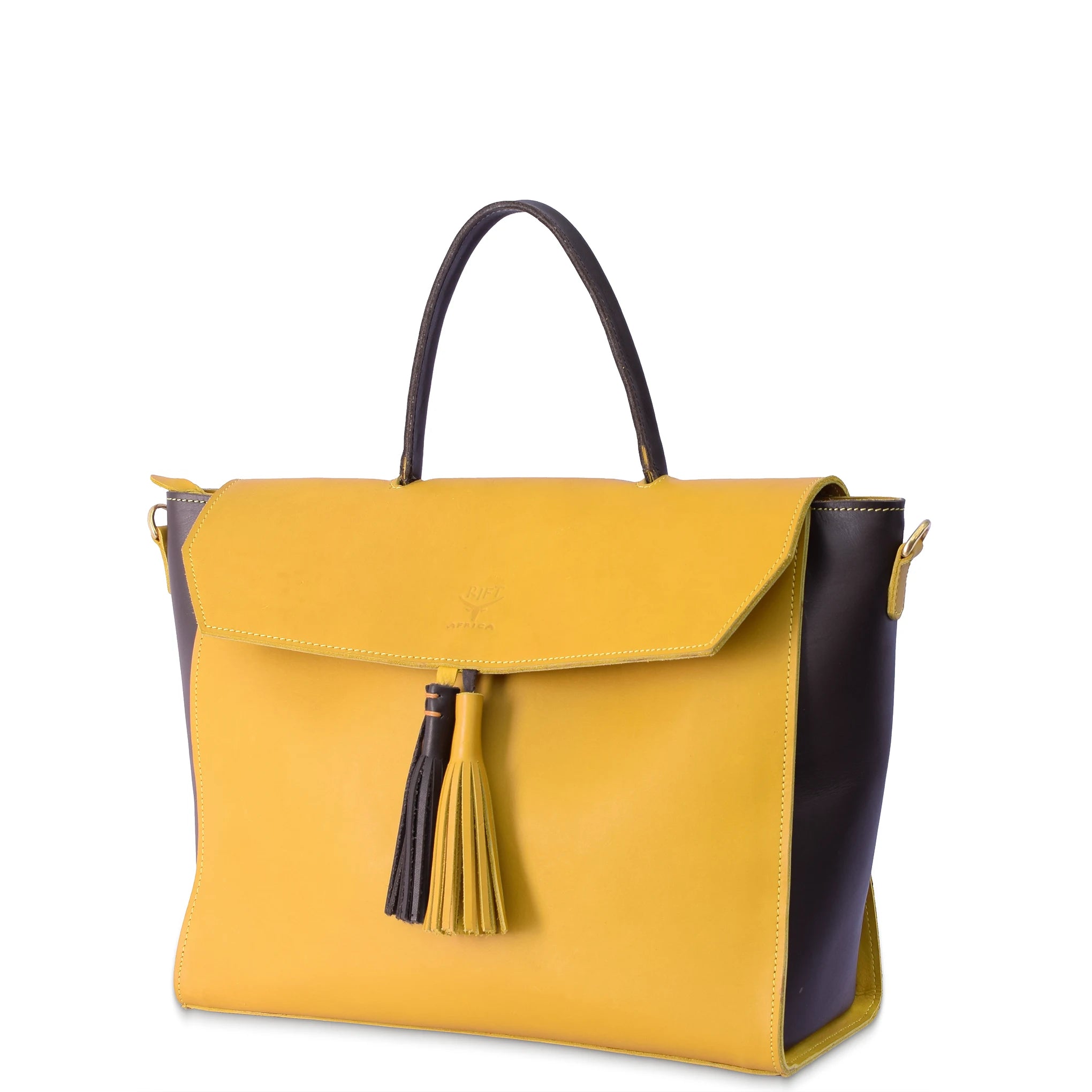 Yellow handbag with black accents and a tassel on a white background