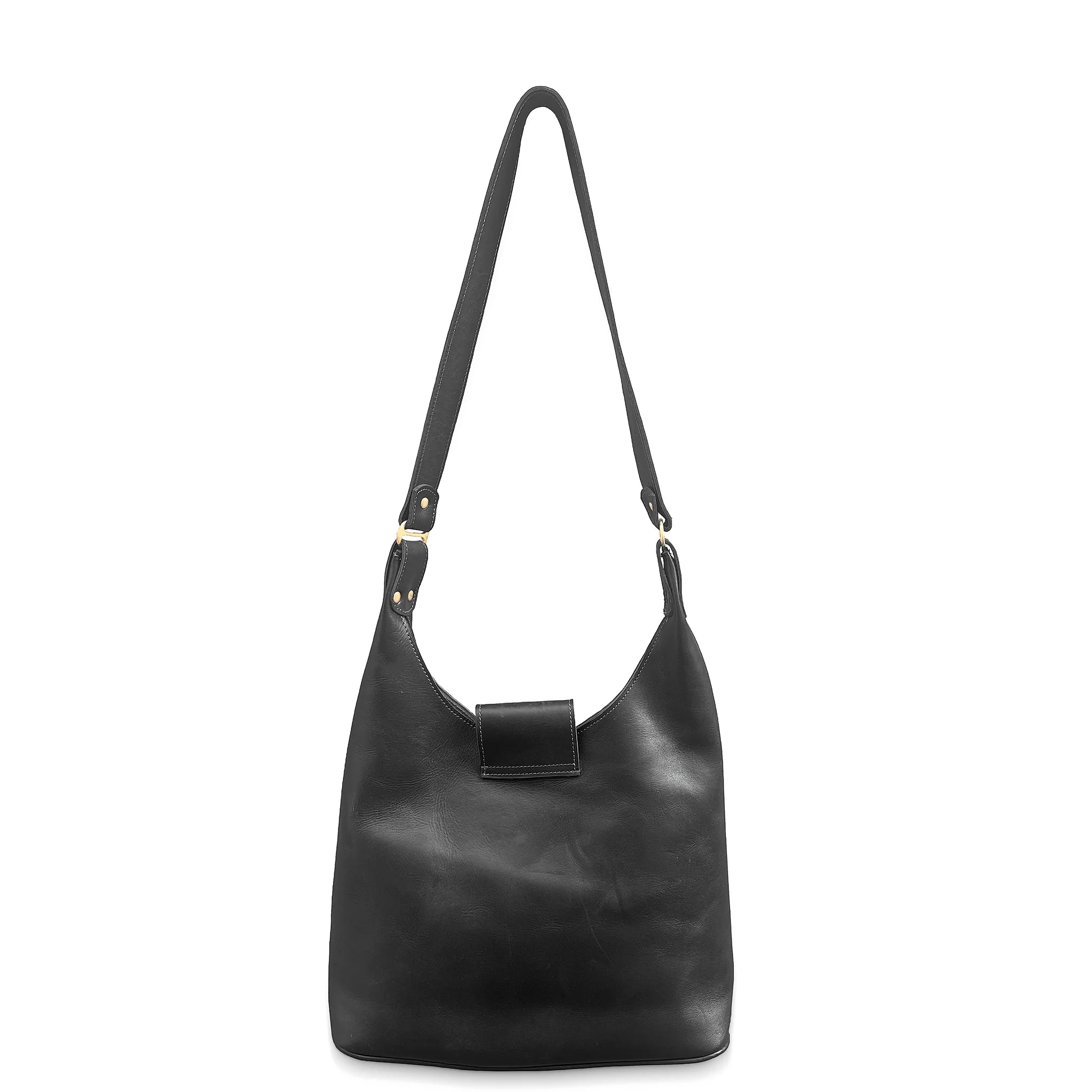 Black leather shoulder bag on a white background