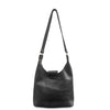 Black leather shoulder bag on a white background