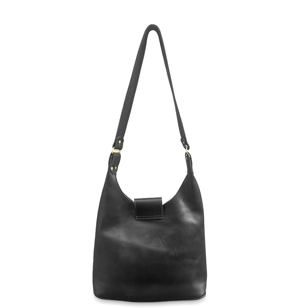 Black leather shoulder bag on a white background