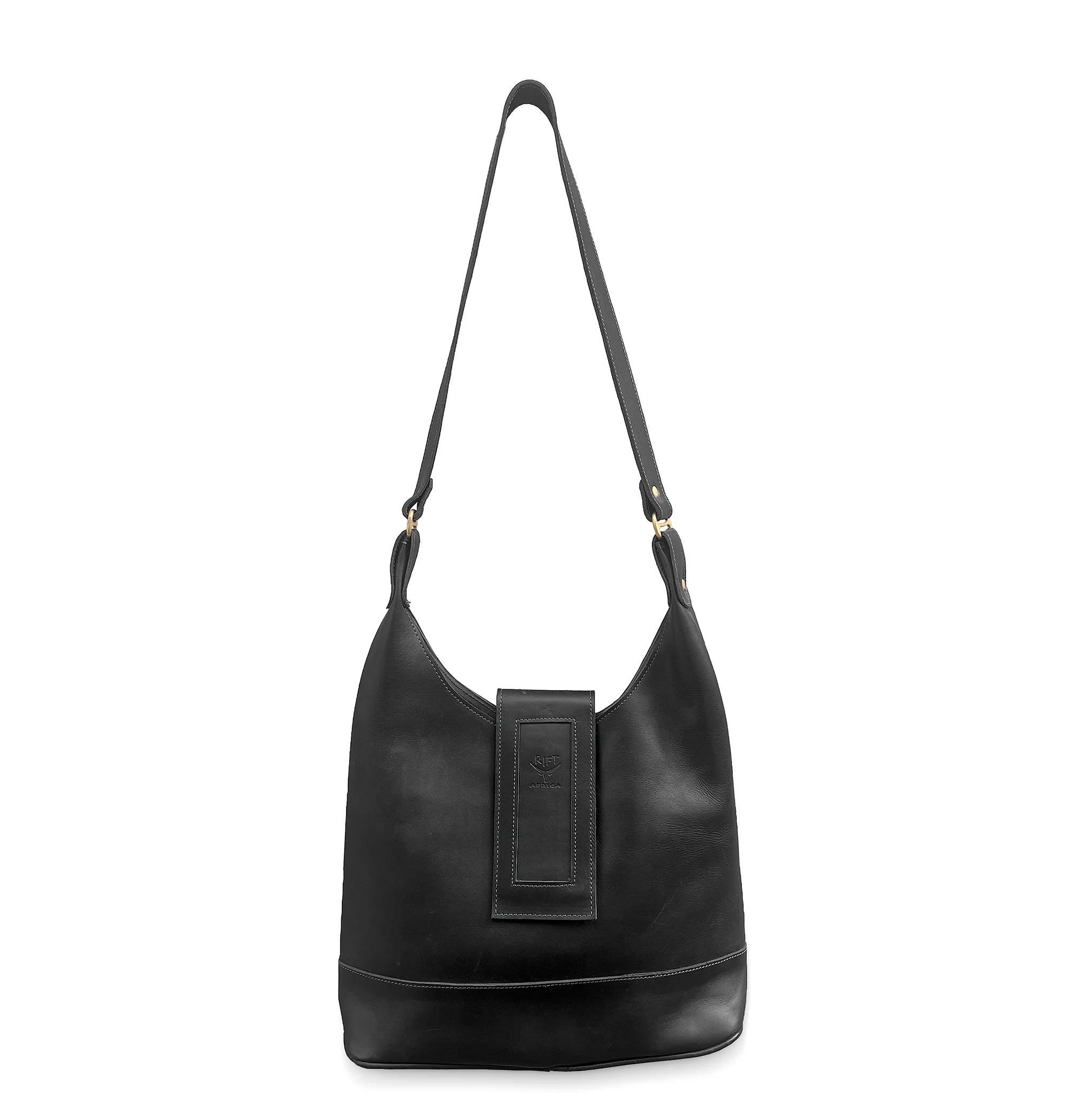 Black leather handbag with a strap on a white background