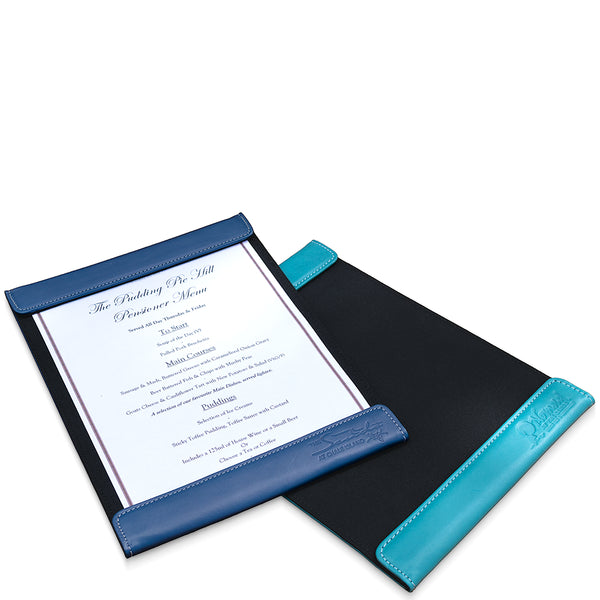 Blue and black leather menu holder with a printed menu on a white background