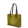 Green leather handbag with brown handles on a white background