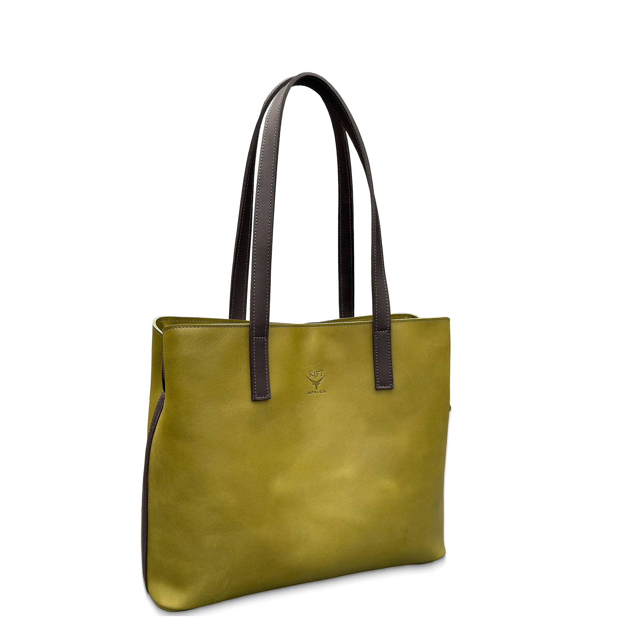 Green leather  handbag with black handles on a white background