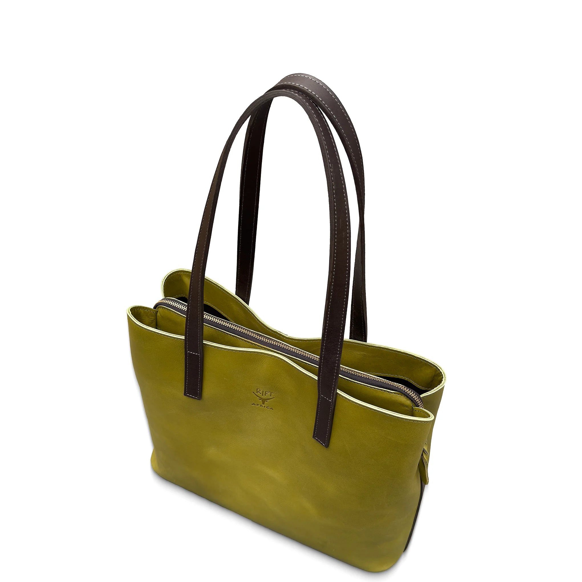 Green leather handbag with brown handles on a white background