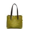 Green leather handbag with brown handles on a white background