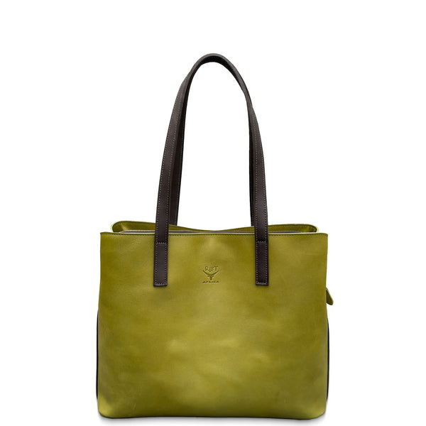 Green leather handbag with brown handles on a white background