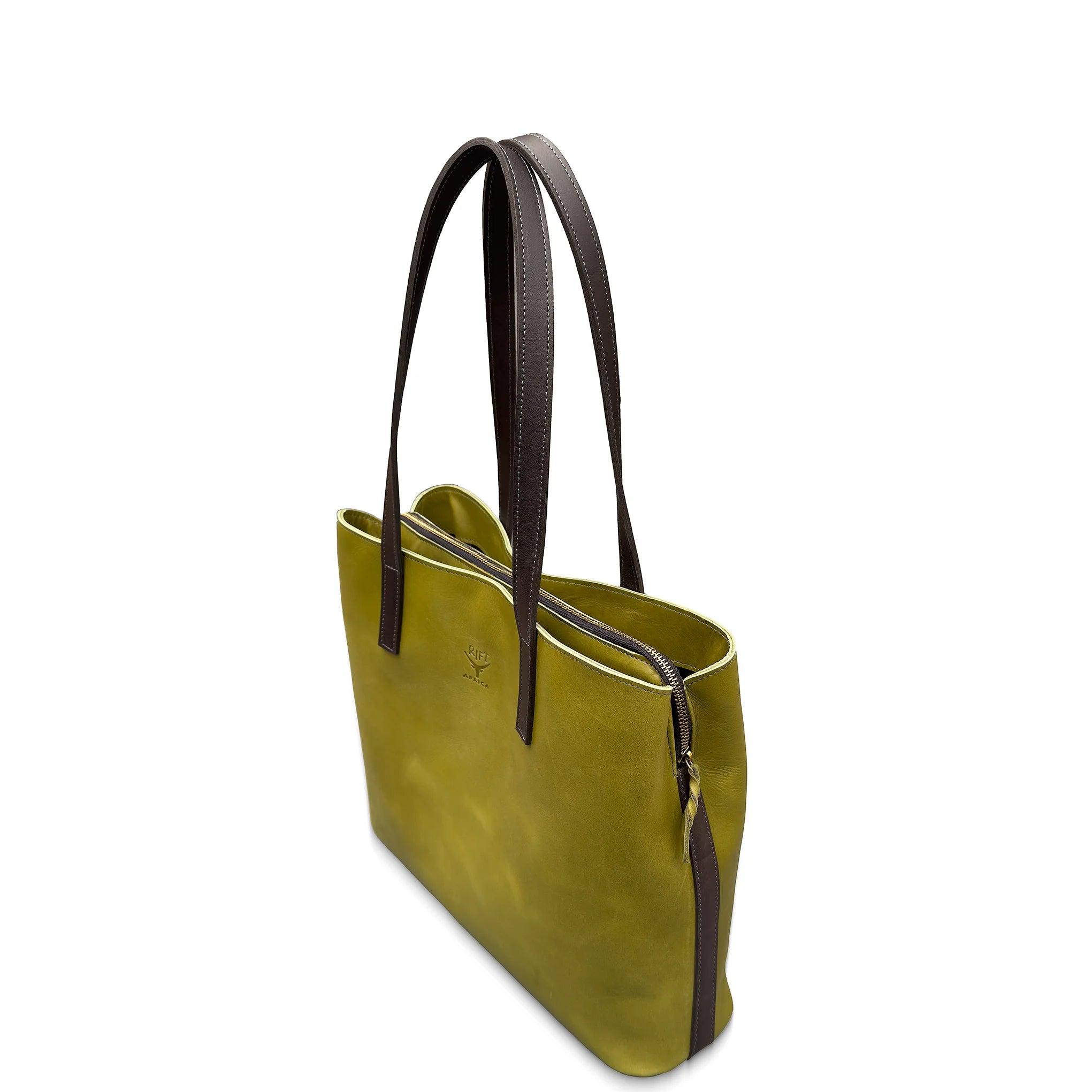 Green leather handbag with brown handles on a white background