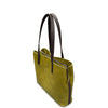 Green leather handbag with brown handles on a white background