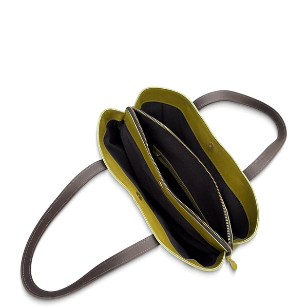 green handbag with a brown strap on a white background