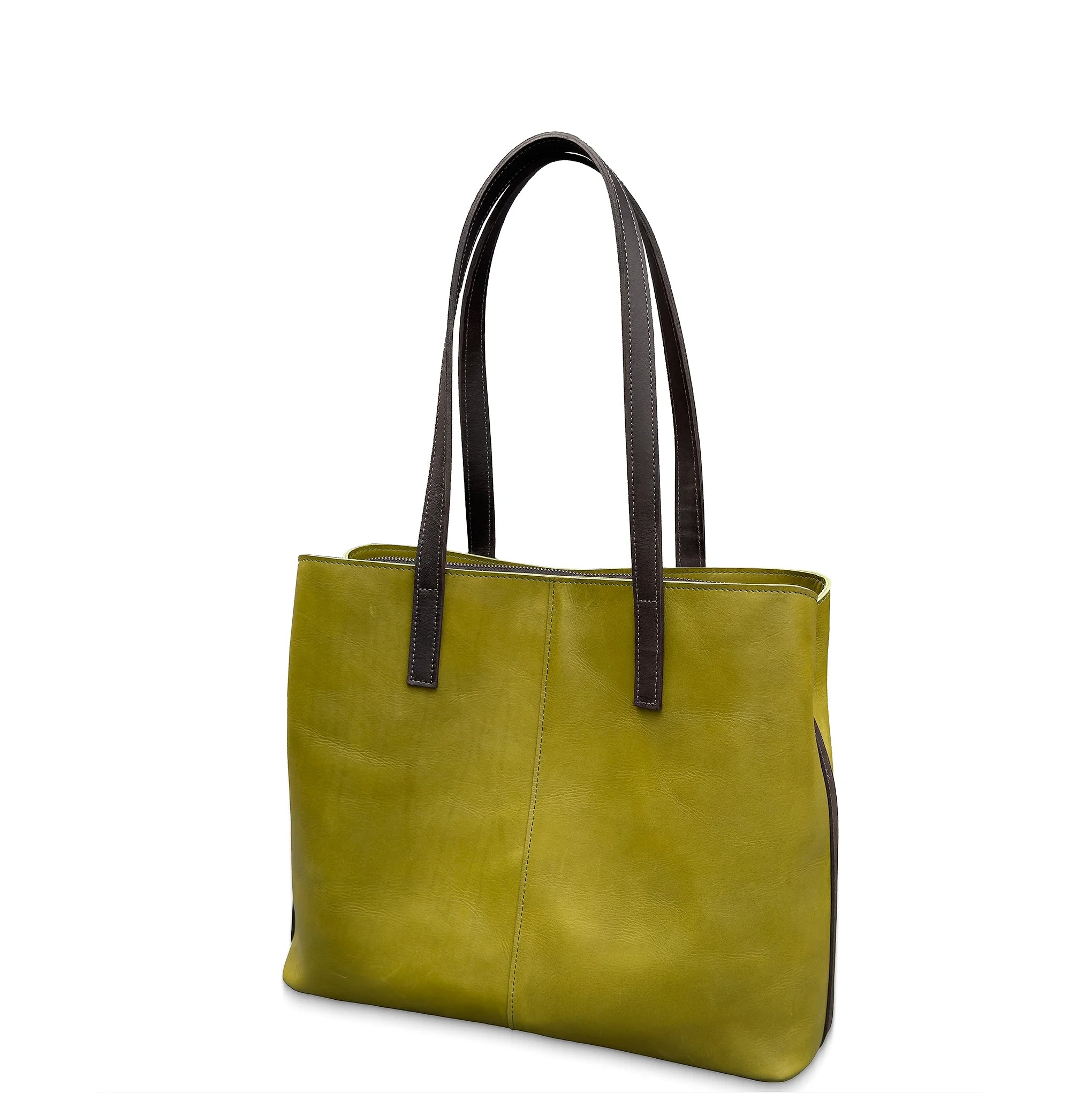 Green leather handbag with black handles on a white background