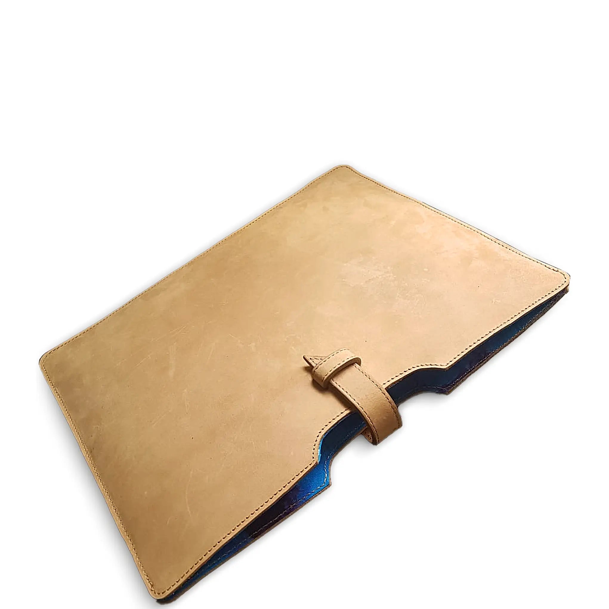 Tan leather laptop sleeve with a strap on a white background
