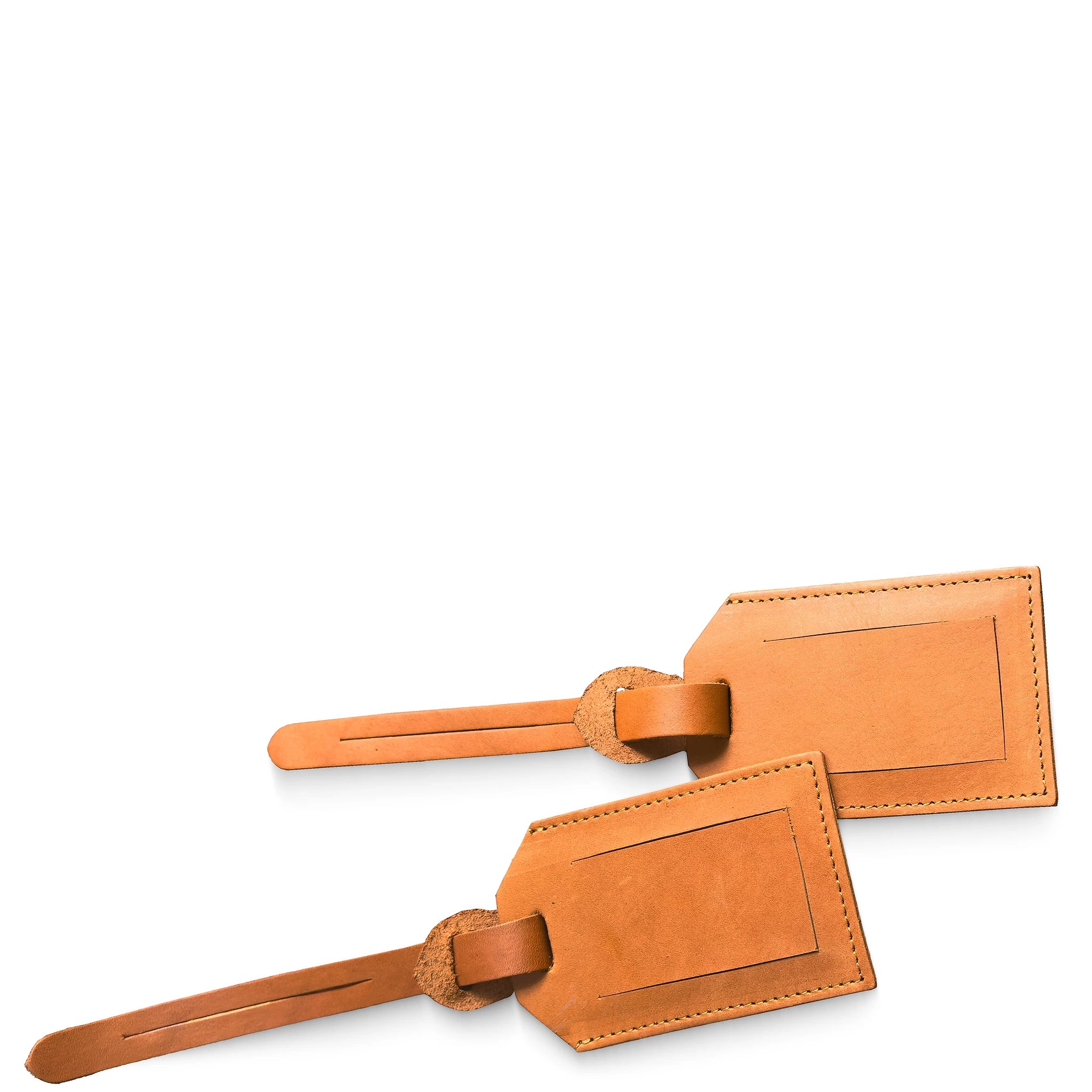Two brown leather luggage tags on a white background