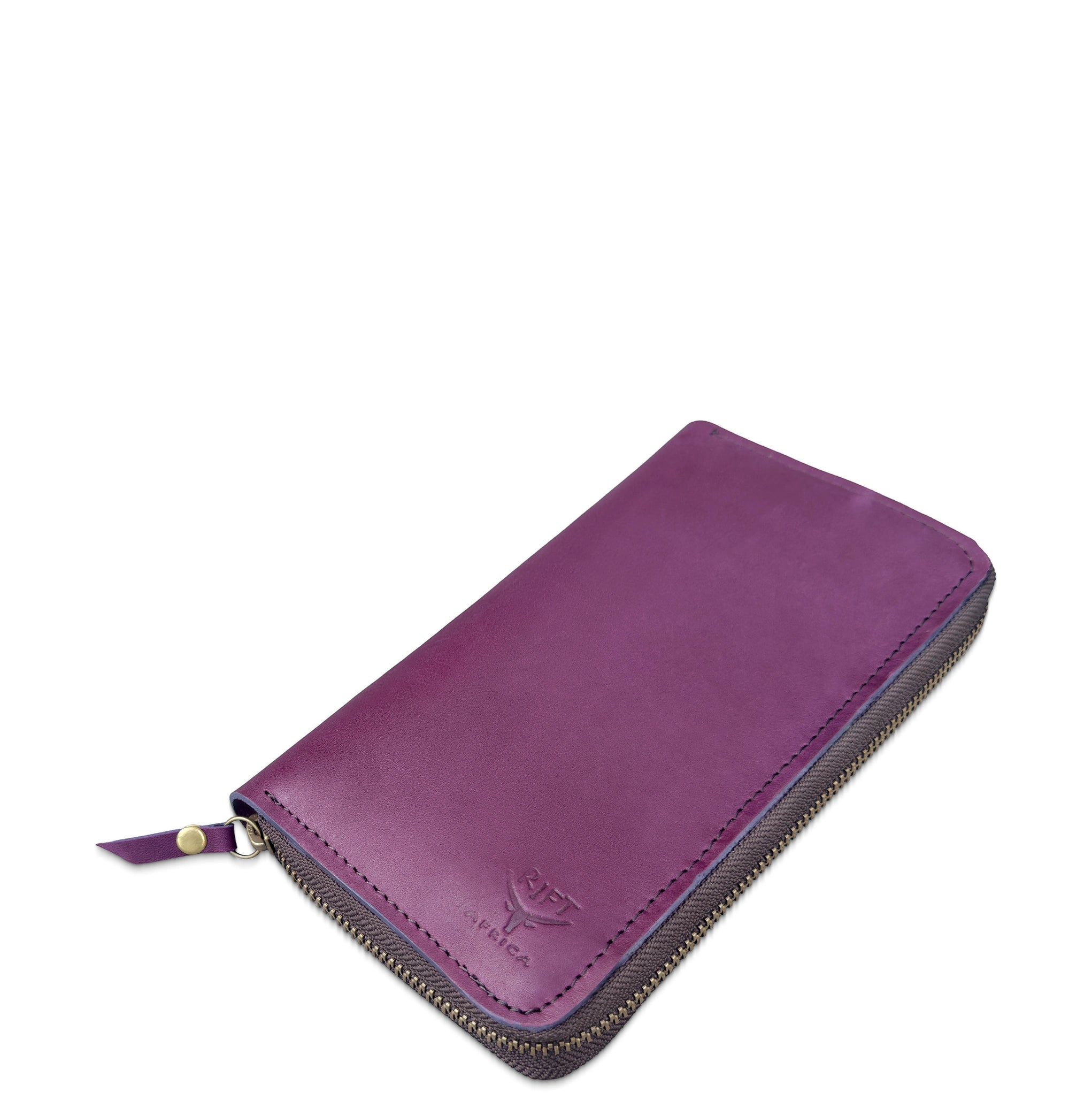 A purple leather zip-around wallet with a dark brown zipper and a small debossed logo on the bottom right, shown on a plain white background.