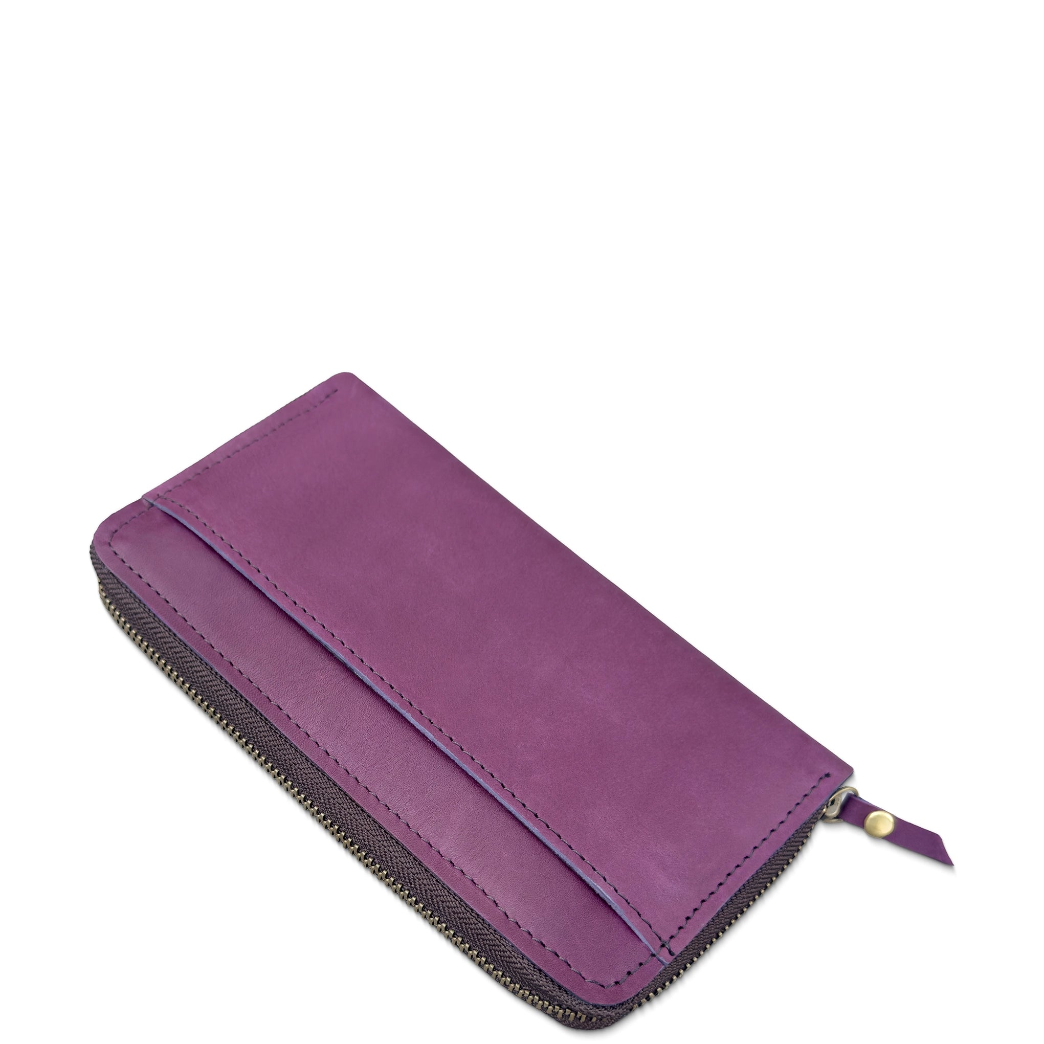 A purple leather zip-around wallet with a matching purple zipper pull tab, shown on a plain white background.