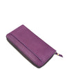 A purple leather zip-around wallet with a matching purple zipper pull tab, shown on a plain white background.