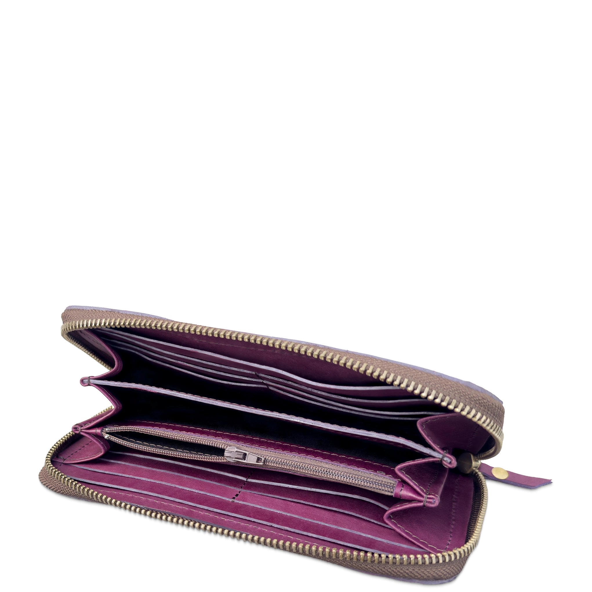An open purple leather zip-around wallet with multiple card slots, a zippered interior pocket, and a gold-tone zipper, shown on a plain white background.