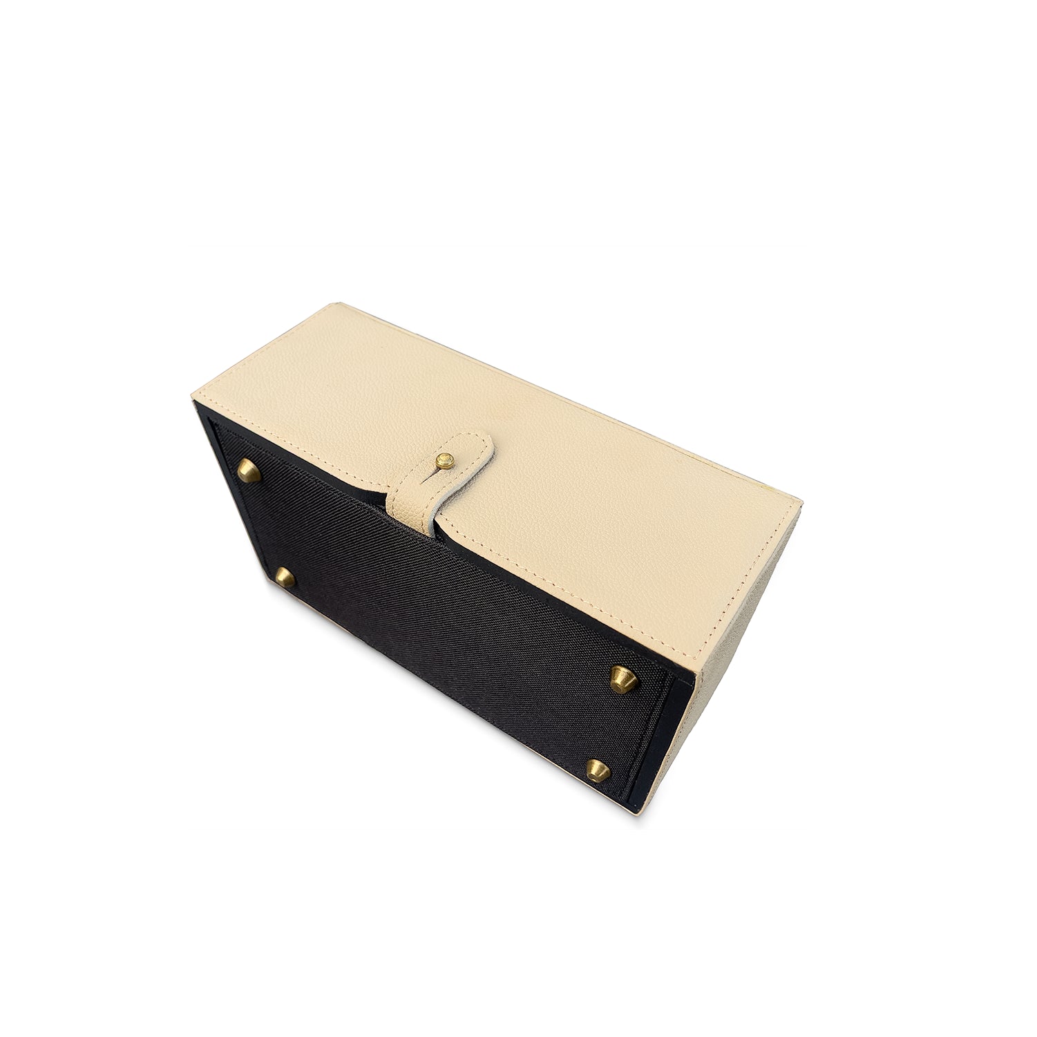 Two-tone black and beige tissue box cover with gold buttons on a white background