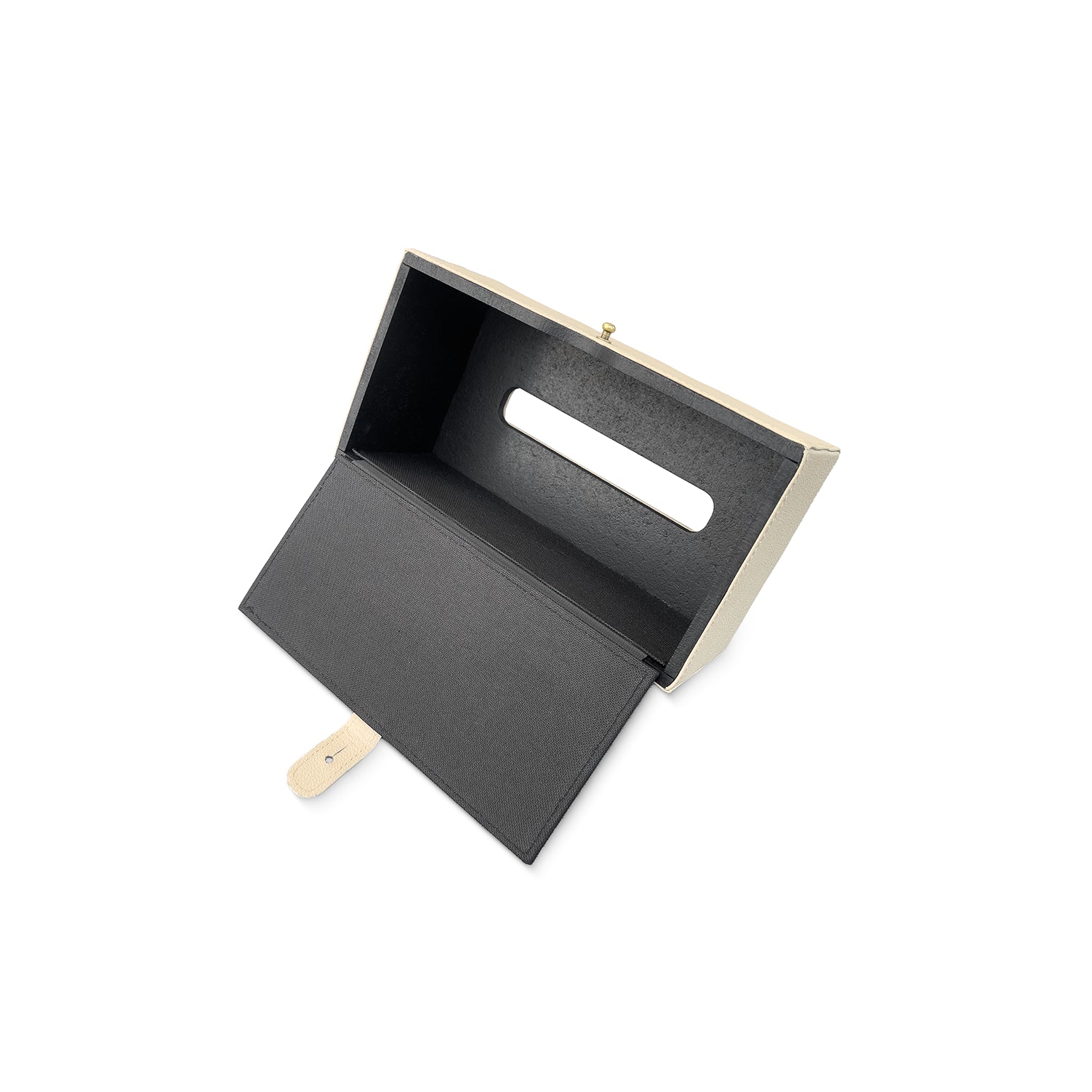 Black tissue box  with wooden handle on a white background
