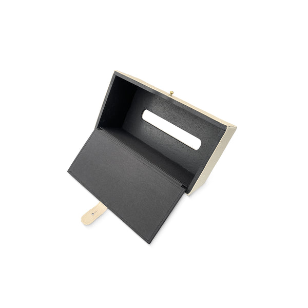 Black tissue box  with wooden handle on a white background