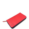A red leather zip-around wallet with a black zipper and a small debossed logo on the front, shown on a plain white background.