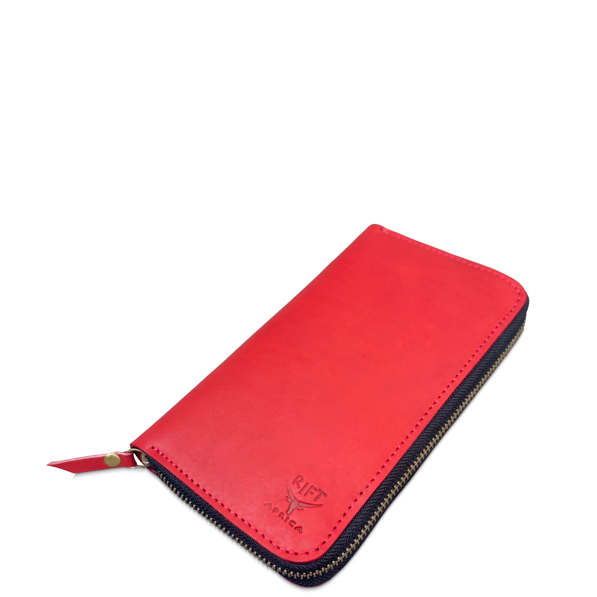 A red leather zip-around wallet with a black zipper and a small red pull tab, featuring an embossed logo on the front, shown on a plain white background.