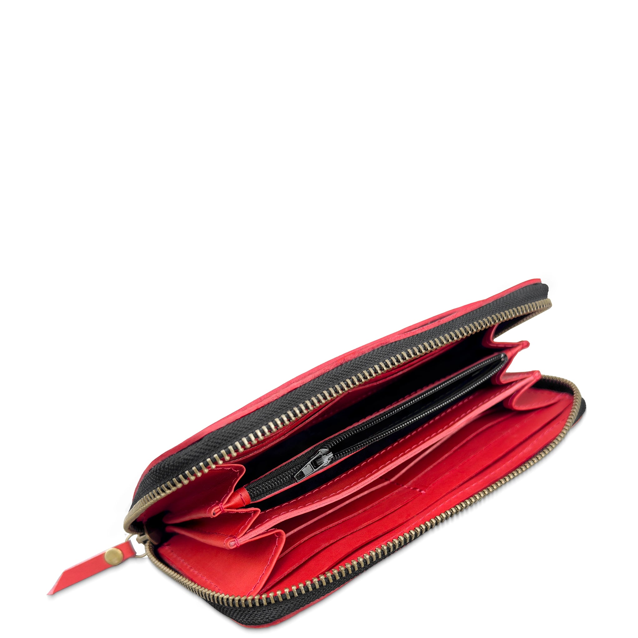 An open red leather zip-around wallet with black trim and gold-tone zippers, showing multiple interior card slots and compartments on a white background.