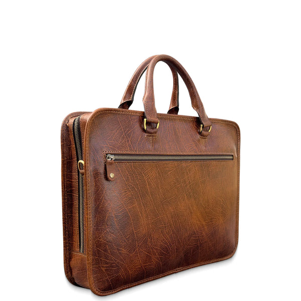 Brown leather briefcase with gold zipper on a white background