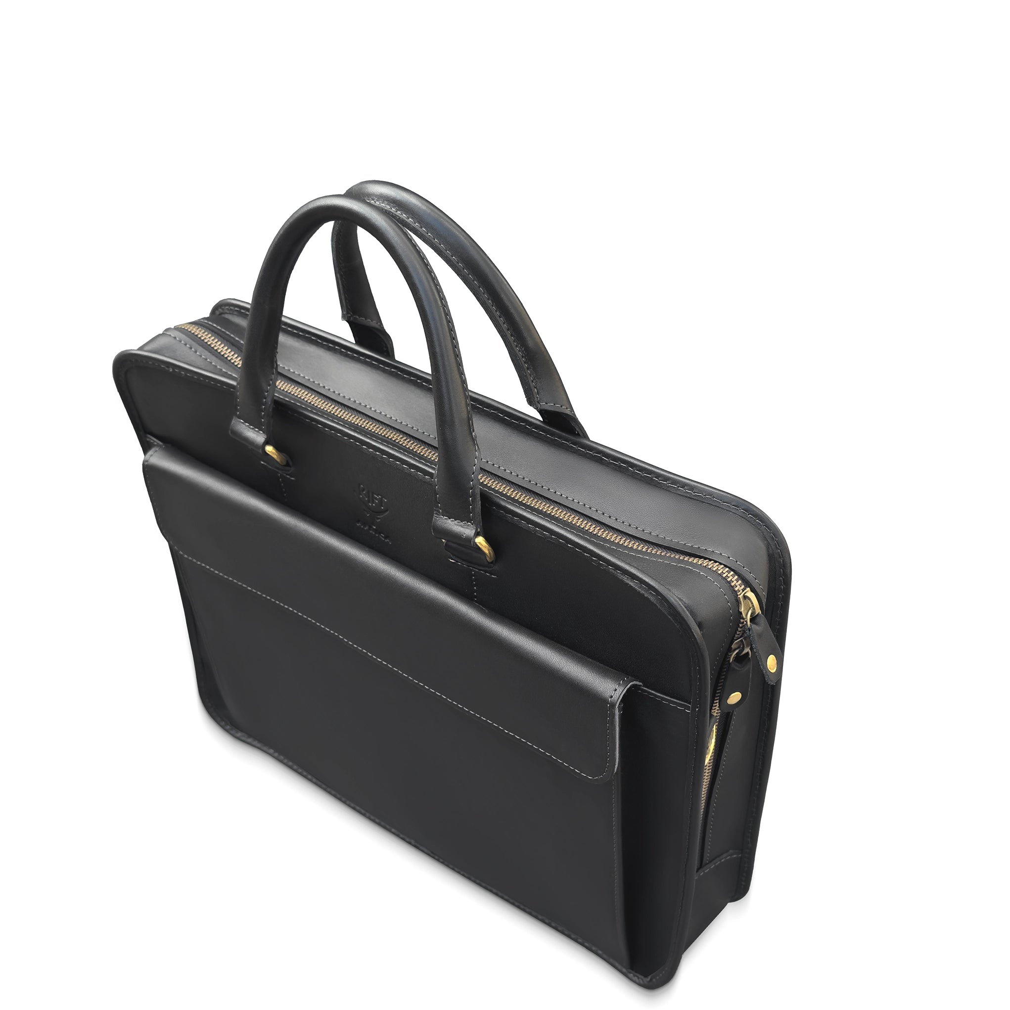 Black leather briefcase with gold zipper pulls on a white background