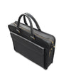Black leather briefcase with gold zipper pulls on a white background