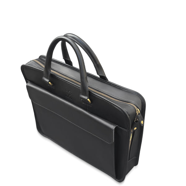 Black leather briefcase with gold zipper pulls on a white background