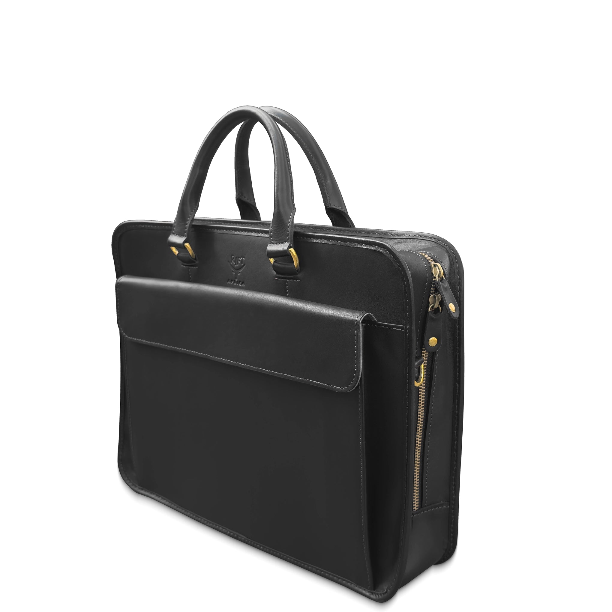 Black leather briefcase with gold zipper pulls on a white background