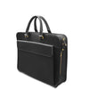 Black leather briefcase with gold zipper pulls on a white background
